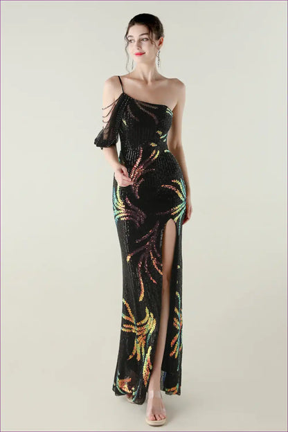 Sequin Mesh Fishtail Maxi Dress with High Slit - Evening Elegance for Date Night, Evening Wear, Formal