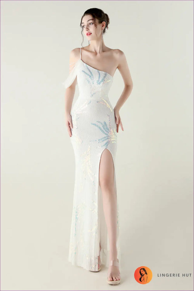 Sequin Mesh Maxi Dress with Fishtail Hem - Understated Glamour