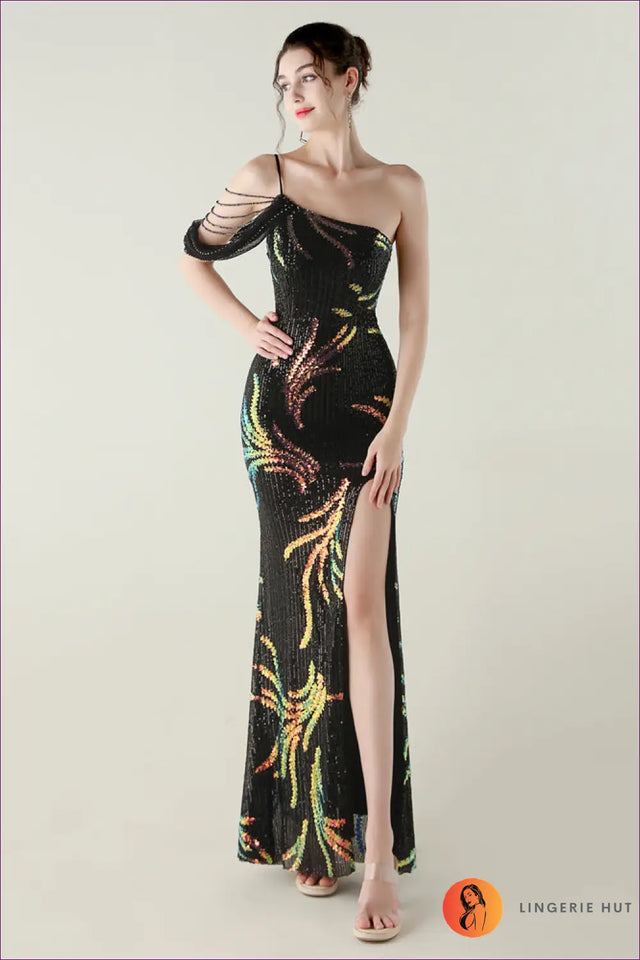 Sequin Mesh Maxi Dress with Fishtail Hem - Understated Glamour