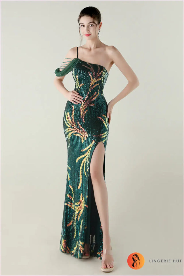 Sequin Mesh Maxi Dress with Fishtail Hem - Understated Glamour
