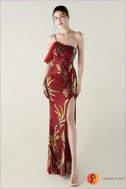 Sequin Mesh Maxi Dress with Fishtail Hem - Understated Glamour - s / Jujube Red - Dresses - Lingerie Hut - All Season