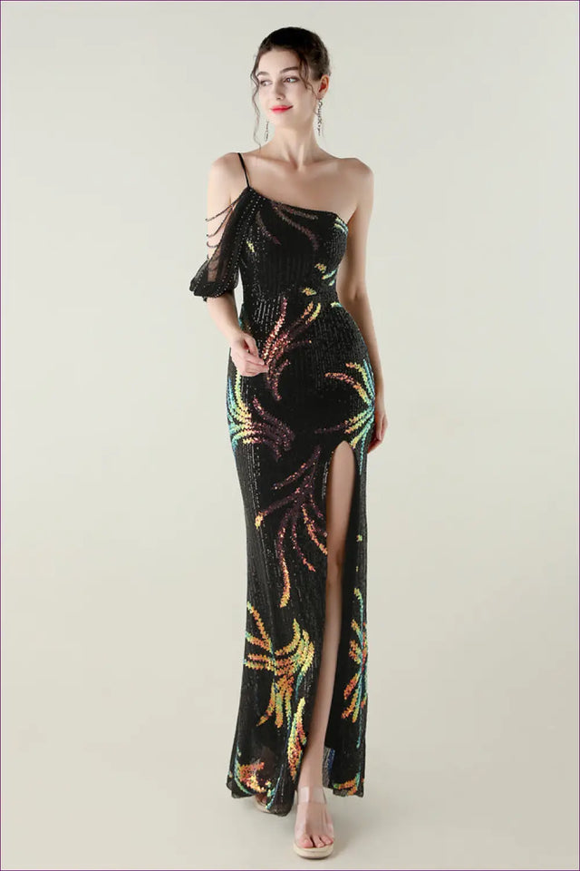 Sequin Mesh Maxi Dress with Fishtail Hem - Understated Glamour