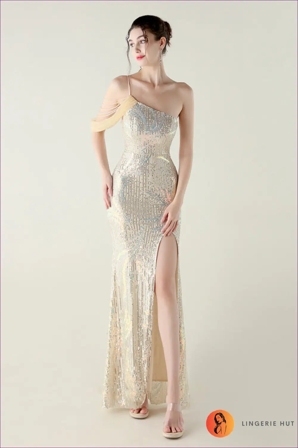 Sequin Mesh Maxi Dress with Fishtail Hem - Understated Glamour - s / Apricot Silver - Dresses - Lingerie Hut - All