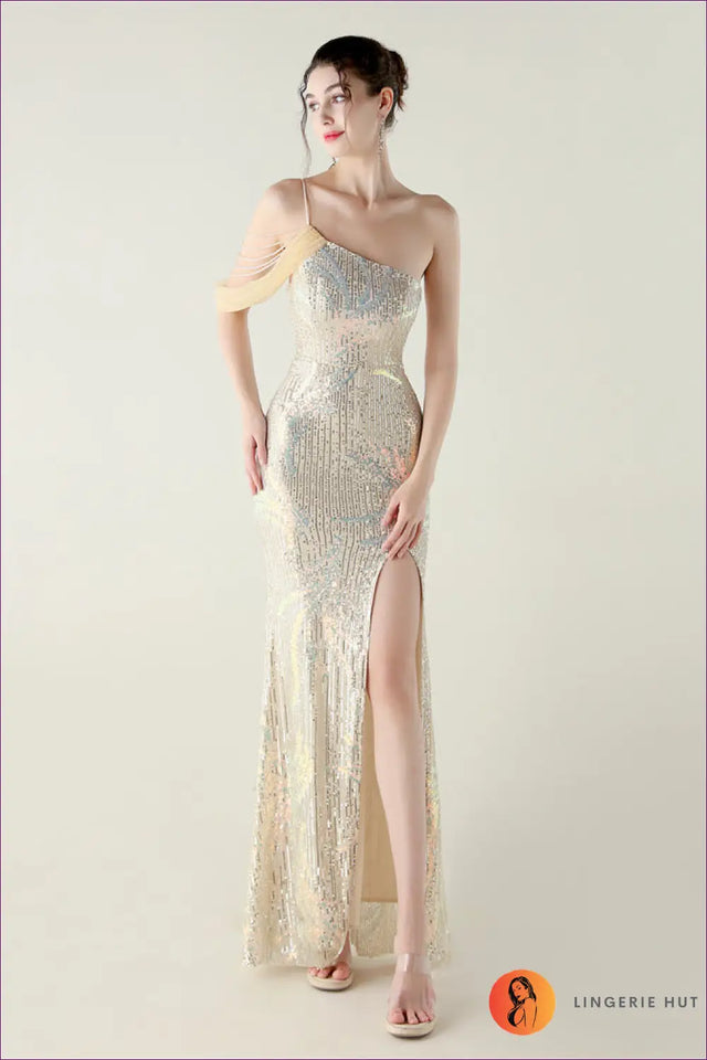 Sequin Mesh Maxi Dress with Fishtail Hem - Understated Glamour
