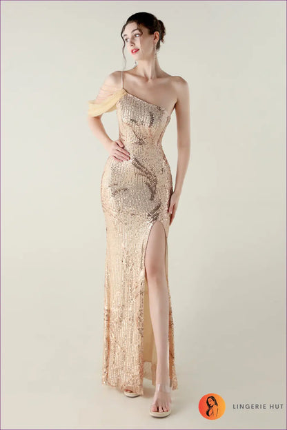 Sequin Mesh Maxi Dress with Fishtail Hem - Understated Glamour - s / Gold - Dresses - Lingerie Hut - All Season