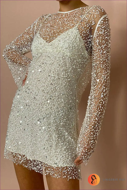 Sequin Mesh Mini Dress - Understated Evening Glamour - Dresses - Lingerie Hut - A-line • Autumn • Fishnet