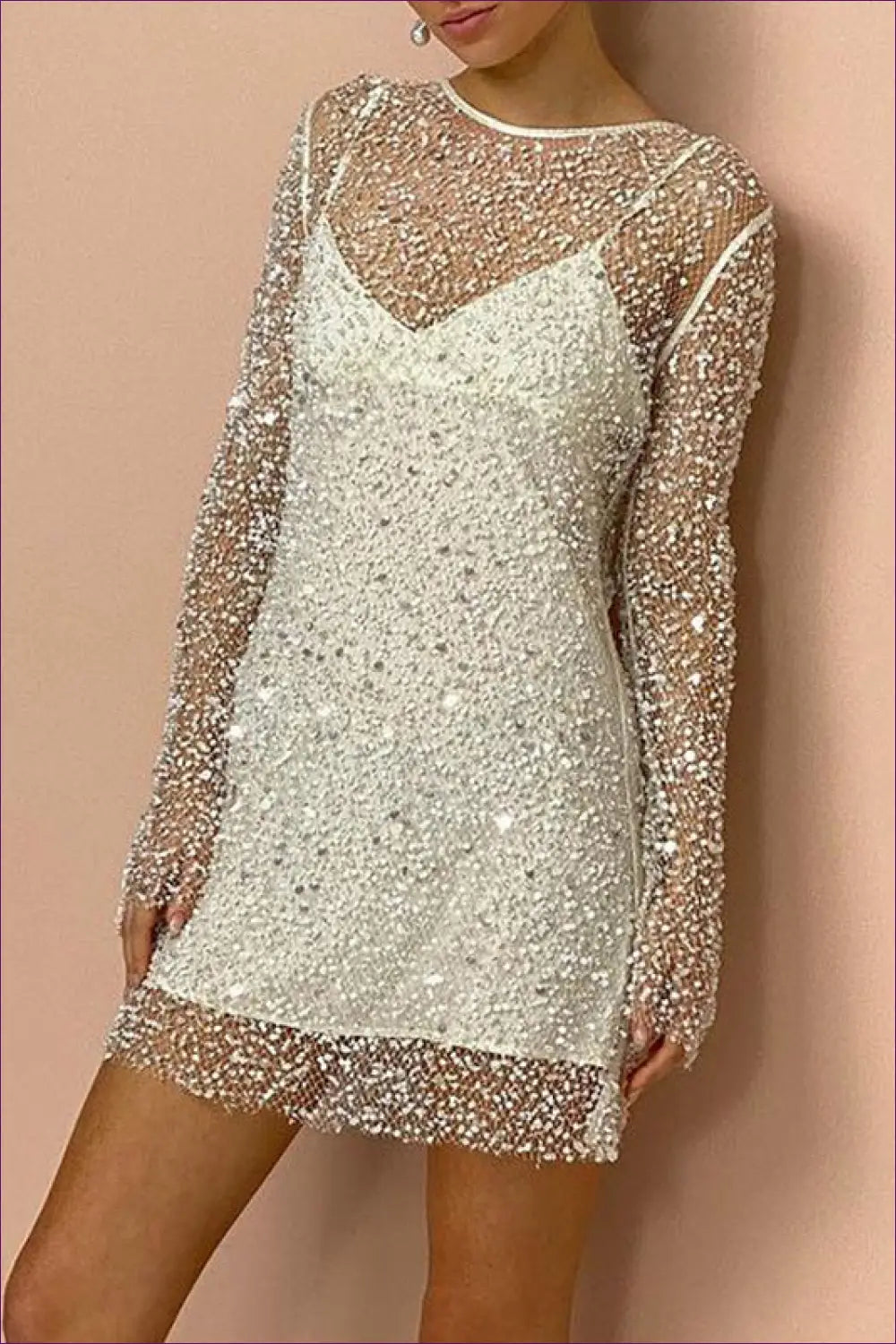 Sequin Mesh Mini Dress - Understated Evening Glamour - Dresses - Lingerie Hut - A-line • Autumn • Fishnet