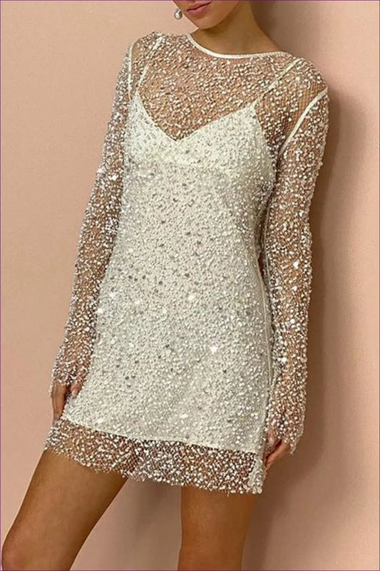 Sequin Mesh Mini Dress - Understated Evening Glamour - Dresses - Lingerie Hut - A-line • Autumn • Fishnet