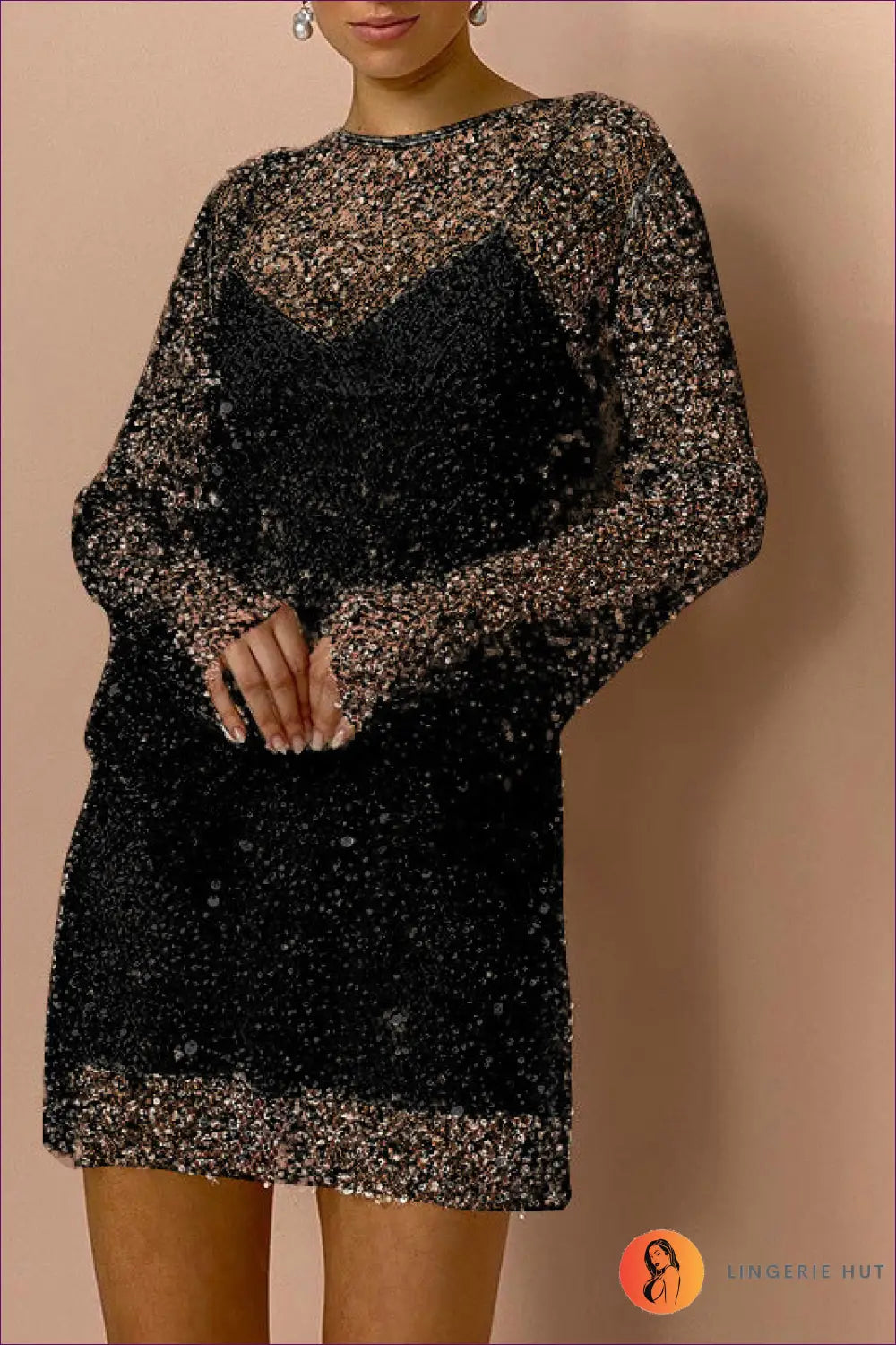 Sequin Mesh Mini Dress - Understated Evening Glamour - s / Black - Dresses - Lingerie Hut - A-line • Autumn • Fishnet