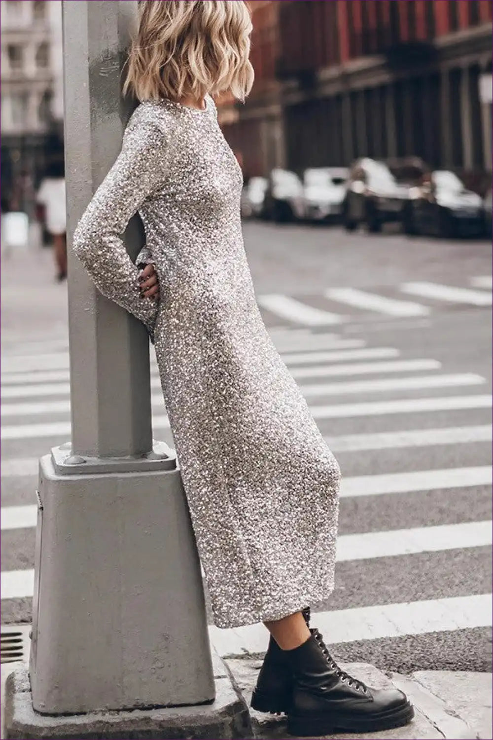 Sequin Midi Dress with Long Sleeves - Effortless Urban Sparkle for Autumn, Backless, Bodycon, Cutout, Date