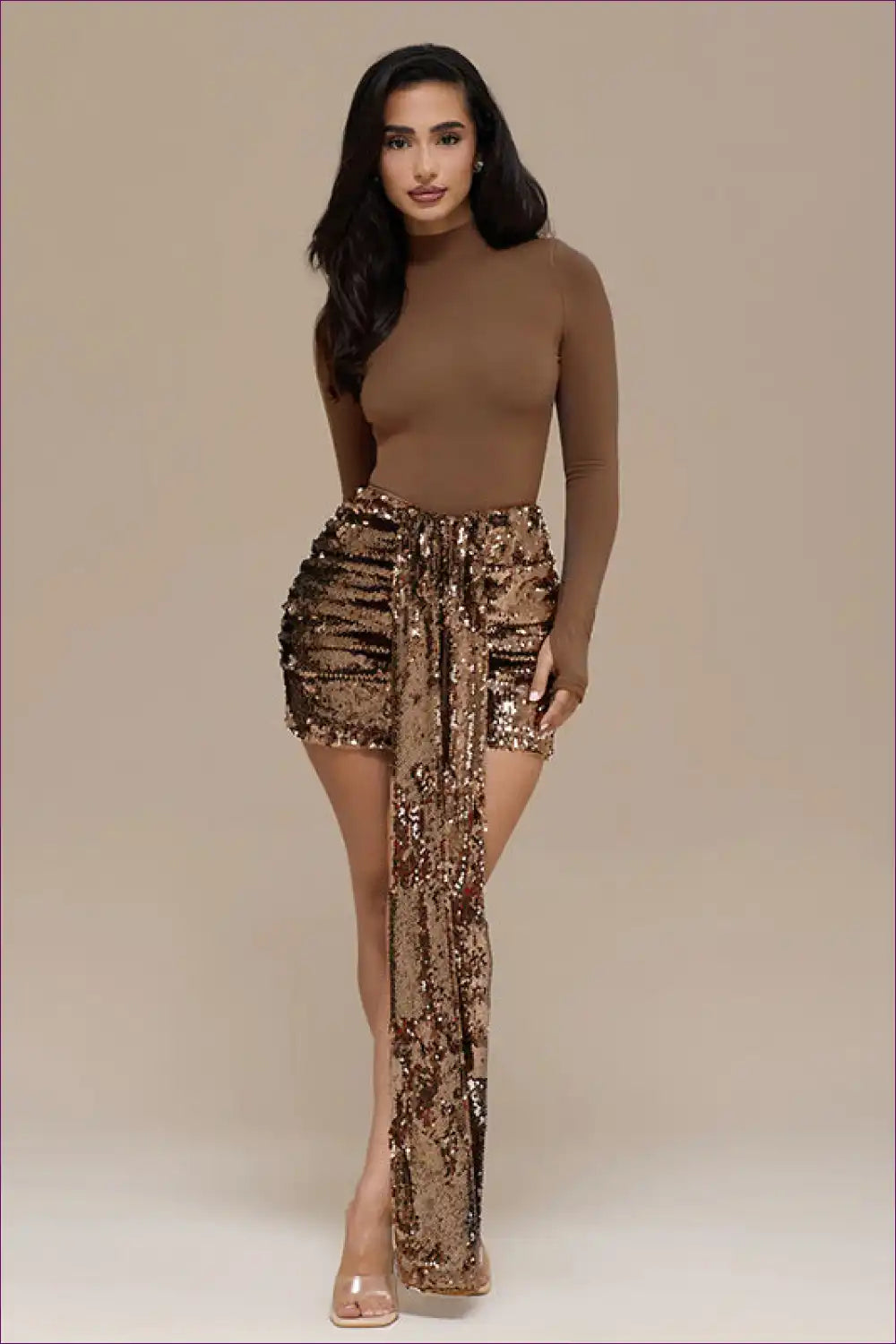 Sequin Mini Skirt Set with Turtleneck Top - Night-out Glam for Bodycon, Clubwear, Evening Wear, Glamour,