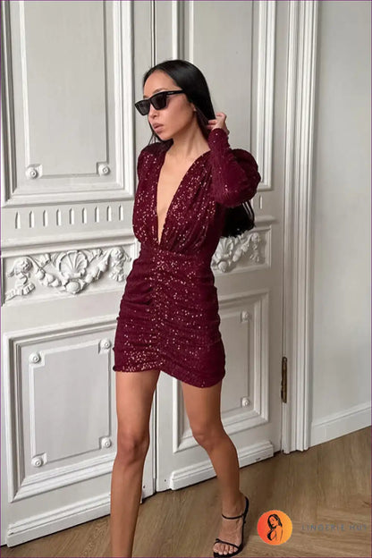Sequin Ruched v Neck Mini Dress for Party Evenings Bodycon, Clubwear, Evening Wear, Glamour,