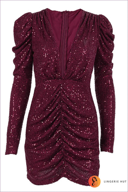 Sequin Ruched v Neck Mini Dress for Party Evenings Bodycon, Clubwear, Evening Wear, Glamour,