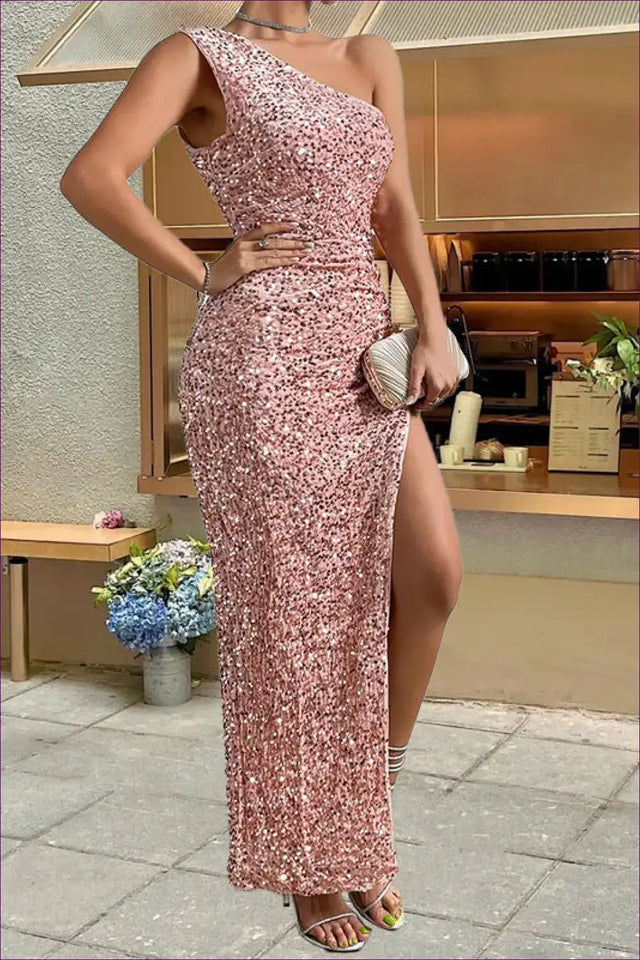 Sequin One Shoulder Maxi Dress with Side Split - Formal Sparkle