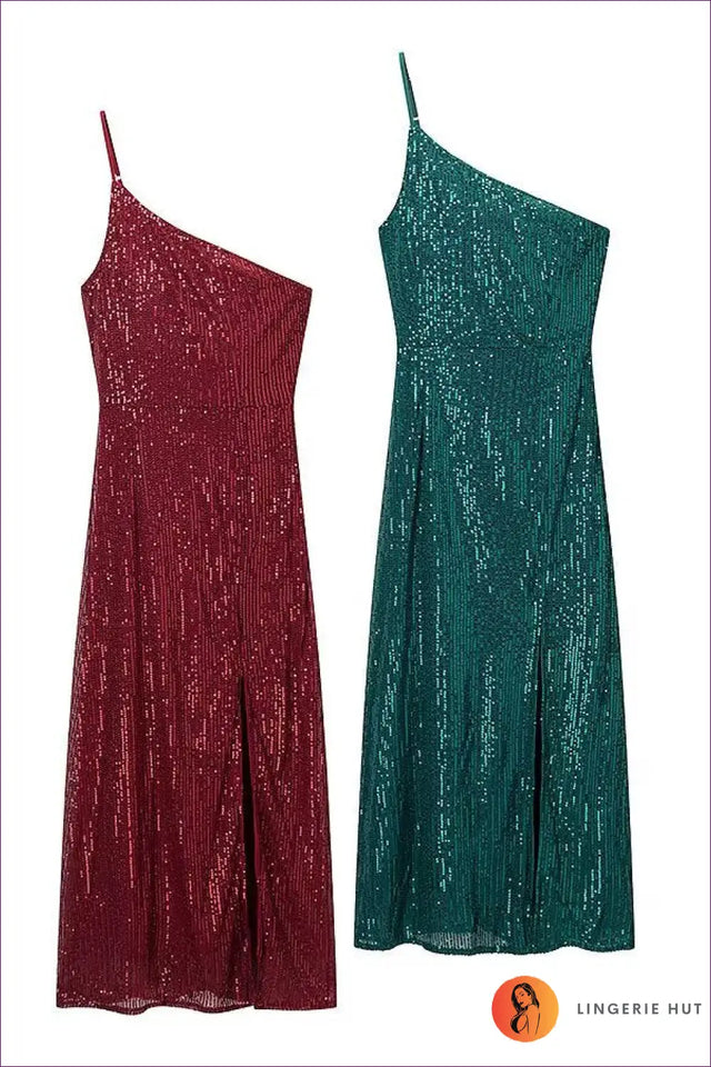 Sequin One Shoulder Maxi Dress with Thigh Split - Party Chic