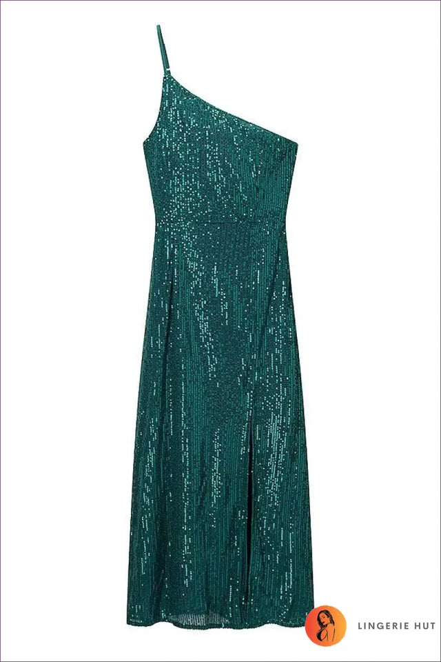 Sequin One Shoulder Maxi Dress with Thigh Split - Party Chic