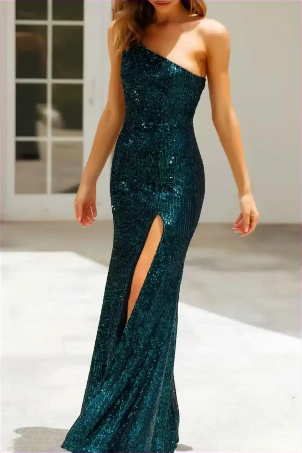 Sequin one Shoulder Maxi Dress with Thigh Split - Party Chic for Clubwear, Evening Wear, Formal Glamour,