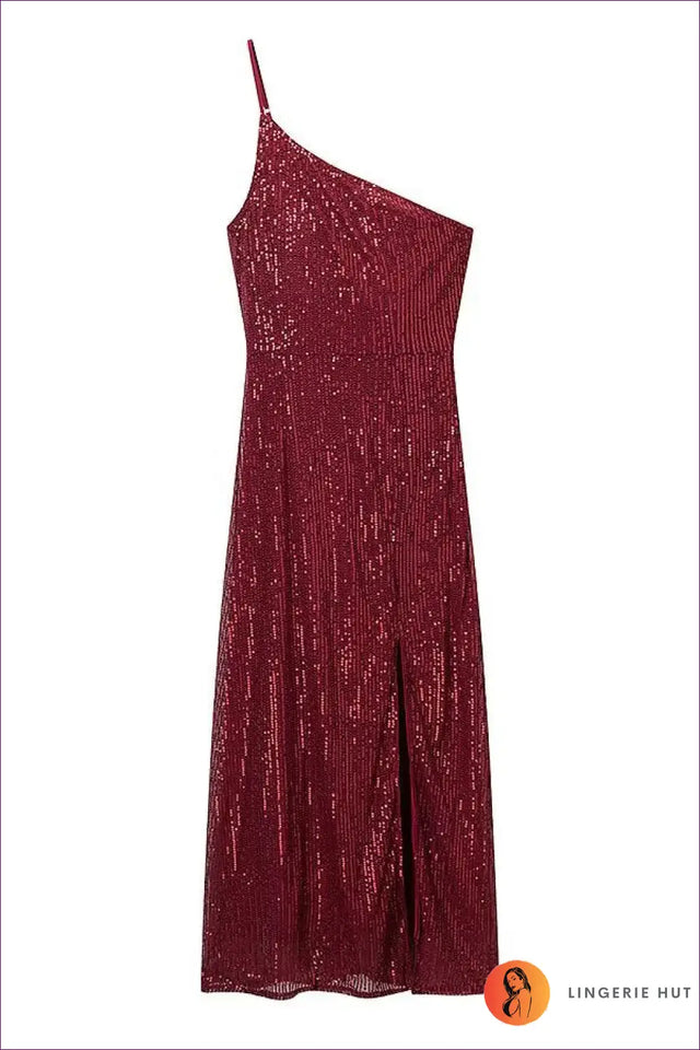 Sequin One Shoulder Maxi Dress with Thigh Split - Party Chic