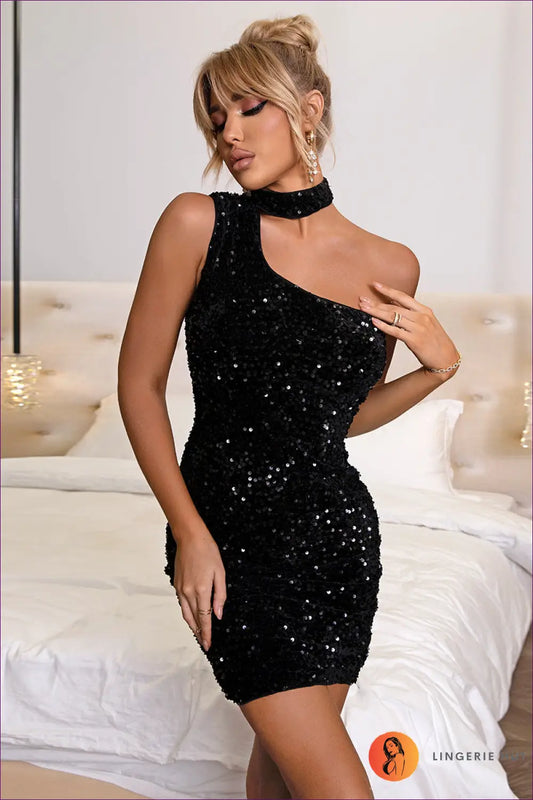 Sequin one Shoulder Mini Dress - Summer Nights Maximum Impact - Xs / Black - Dresses - Lingerie Hut - Bodycon