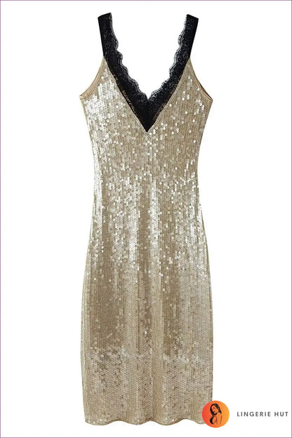 Sequin Midi Slip Dress with Lace Trim - Understated Glamour - s / Gold - Dresses - Lingerie Hut - All Season • Evening