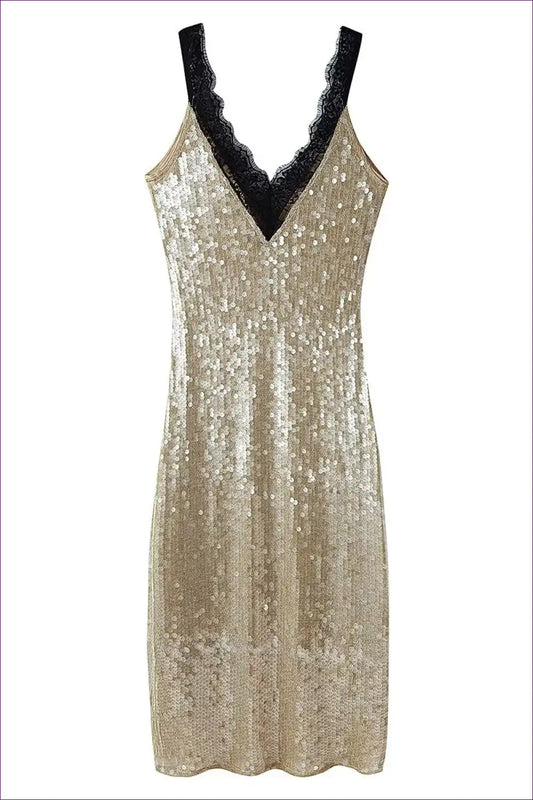 Sequin Slip Dress with Lace Trim - Night-out Glamour Mood for All Season, Dress, Evening Wear, Glamour,