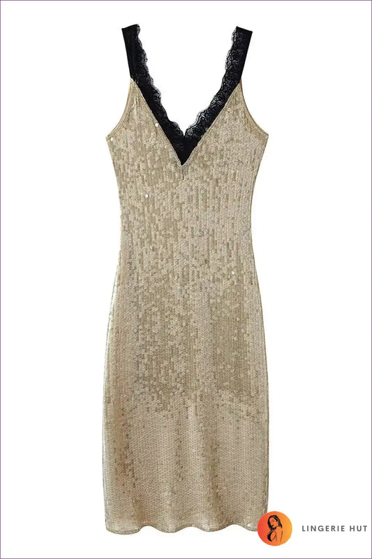 Sequin Slip Dress with Lace Trim - Night-out Glamour Mood for All Season, Dress, Evening Wear, Glamour,