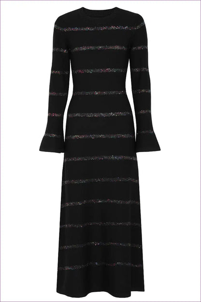 Sequin Stripe Maxi Dress with Bell Sleeves for A-line, Evening Wear, Formal Glamour,