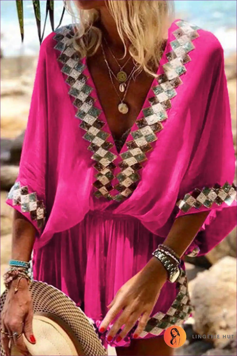 Sequin-trim Beach Playsuit with Deep v - Elastic Waist for Beachwear, Boho, Casual, Cover Up, Mini