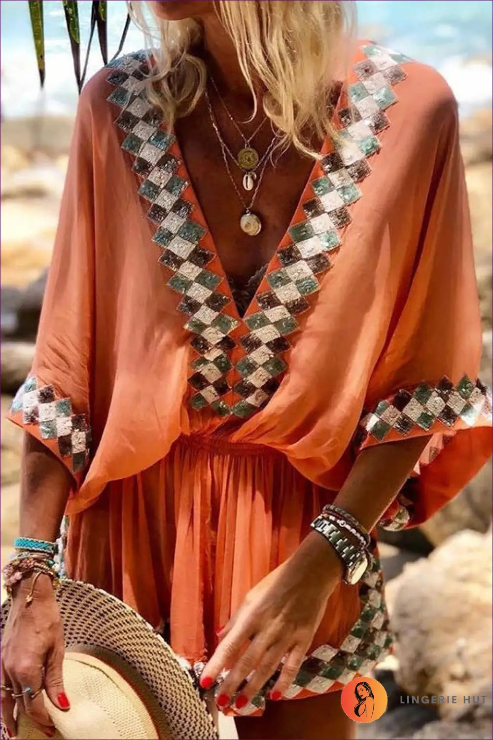 Sequin-trim Beach Playsuit - Poolside Party Mood - s / Orange - Lingerie Hut - Beachwear • Boho • Casual • Cover Up