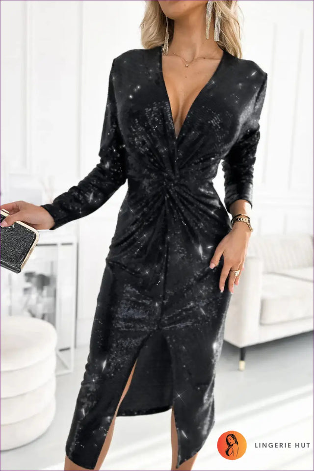 Sequin Twist-Front Midi Dress - Effortless Evening Glamour