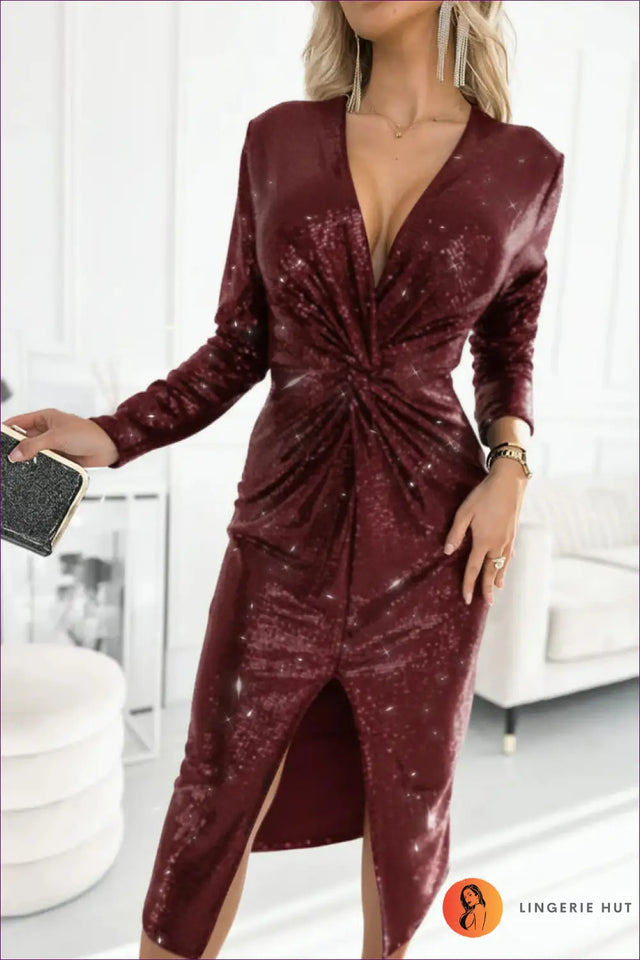 Sequin Twist-Front Midi Dress - Effortless Evening Glamour