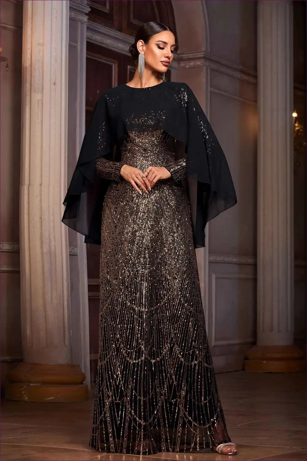 Sequined Maxi Dress with Sheer Shawl Overlay - Luxe Cocktail for A-line, Evening Wear, Formal Glamour,