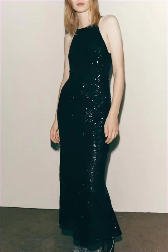 Sequined Maxi Dress with Split Hem - Understated Glamour