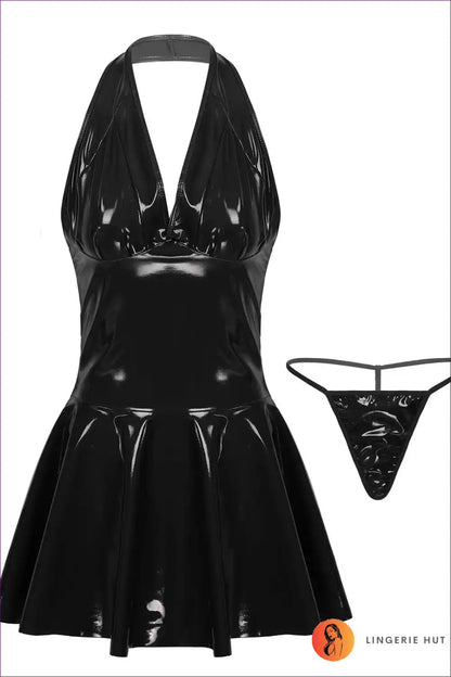 Unleash Your Daring Elegance With Lingerie Hut’s Backless Faux Leather Mini Dress. Pleated Skirt Meets Bold