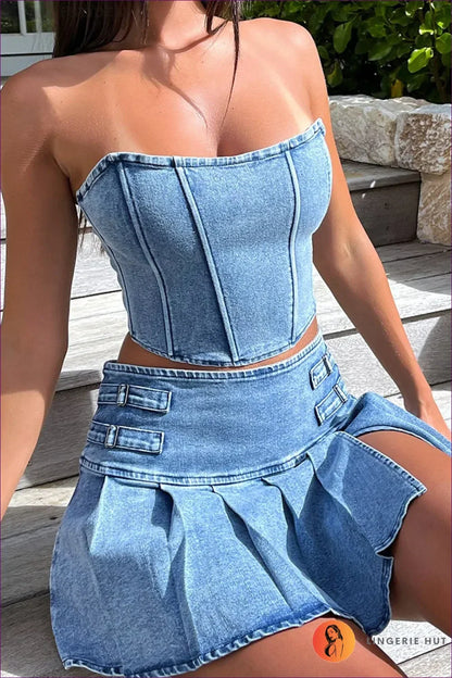 Elevate Your Summer Style With Our Sexy Denim Tube Top And Split Skirt Set. Confidence, Sensuality, Come