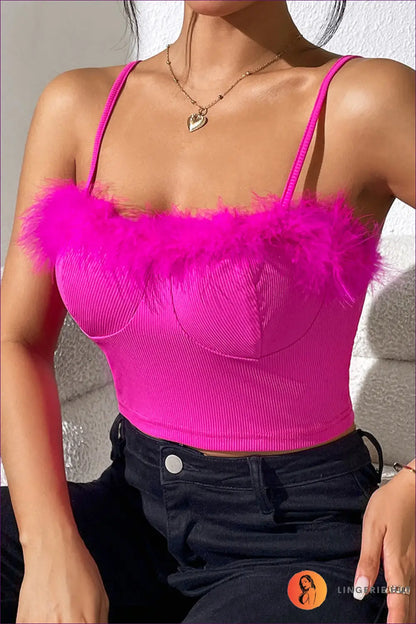 Spice Up Your Summer Nights With Sexy Feather Trimmed Crop Camis. Pair Them Shorts, Sandals & Statement