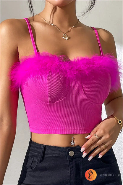 Spice Up Your Summer Nights With Sexy Feather Trimmed Crop Camis. Pair Them Shorts, Sandals & Statement