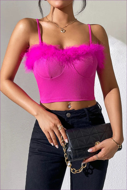 Spice Up Your Summer Nights With Sexy Feather Trimmed Crop Camis. Pair Them Shorts, Sandals & Statement