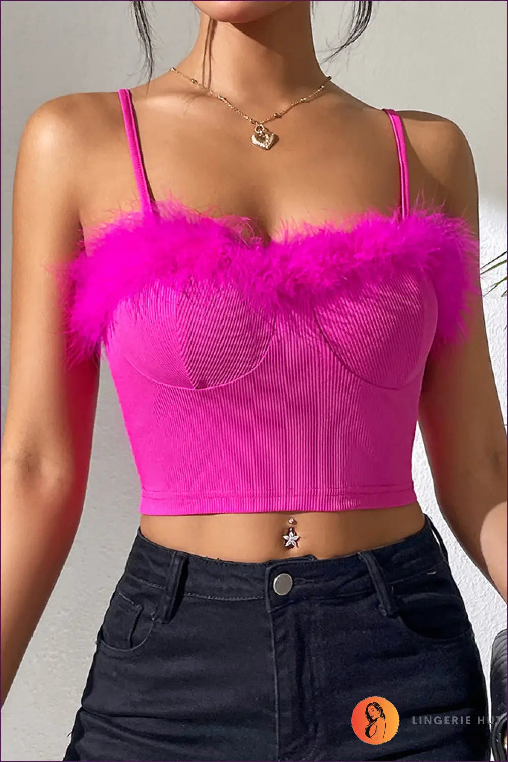 Spice Up Your Summer Nights With Sexy Feather Trimmed Crop Camis. Pair Them Shorts, Sandals & Statement