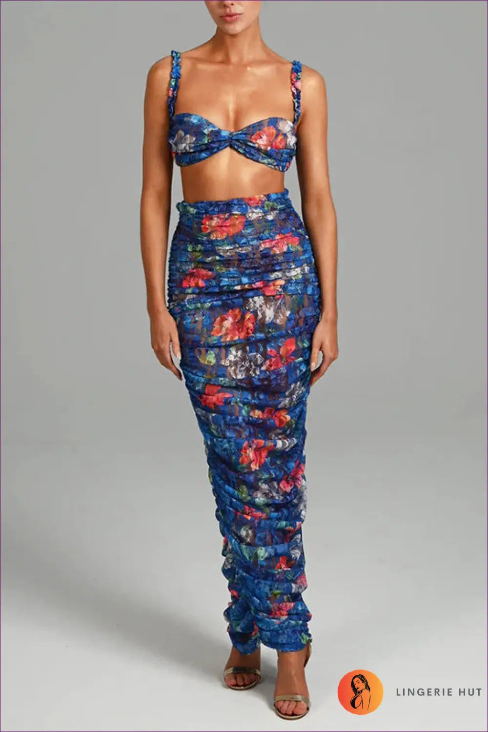 Get Ready To Embrace Summer Elegance With Our Sexy Floral Print Crop Top And Ruched Maxi Skirt Set! Accentuate