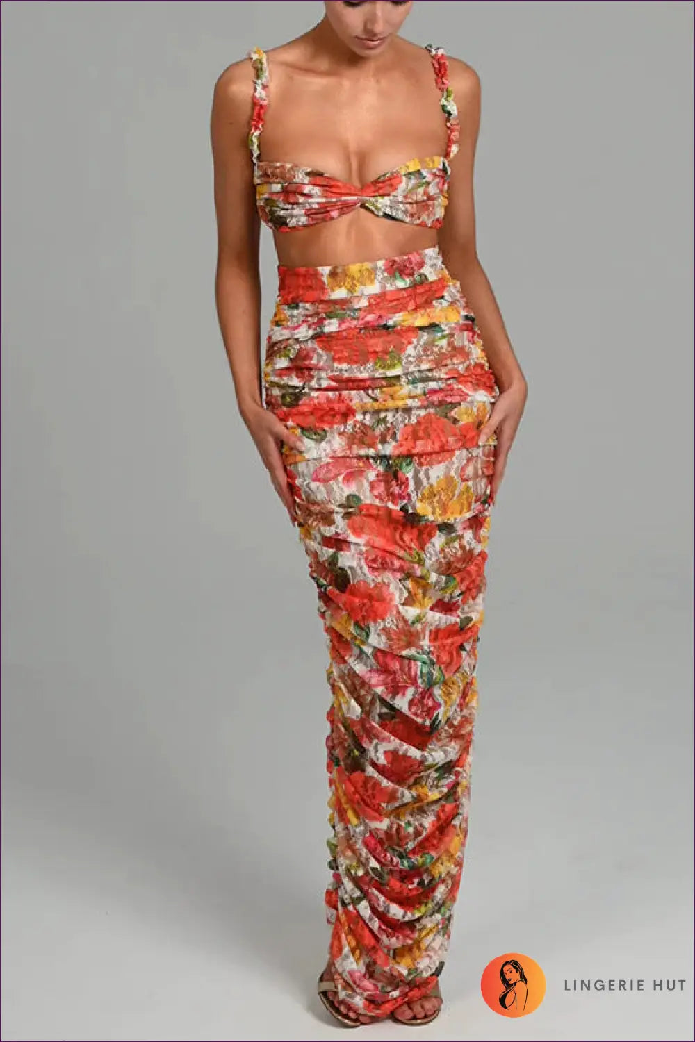 Get Ready To Embrace Summer Elegance With Our Sexy Floral Print Crop Top And Ruched Maxi Skirt Set! Accentuate