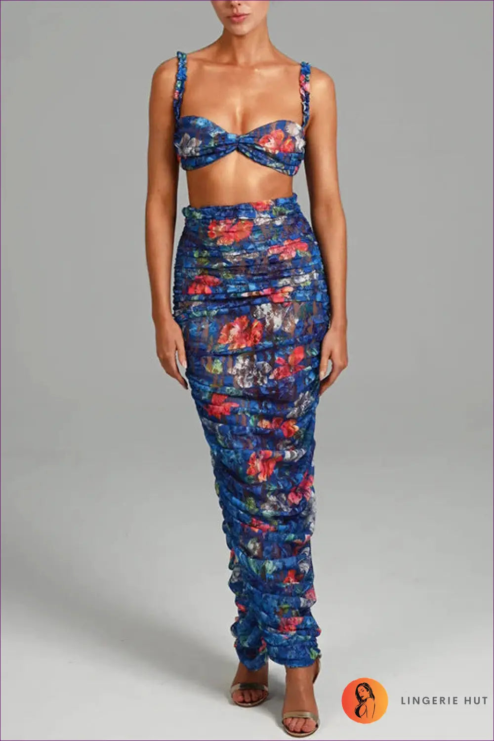 Get Ready To Embrace Summer Elegance With Our Sexy Floral Print Crop Top And Ruched Maxi Skirt Set! Accentuate