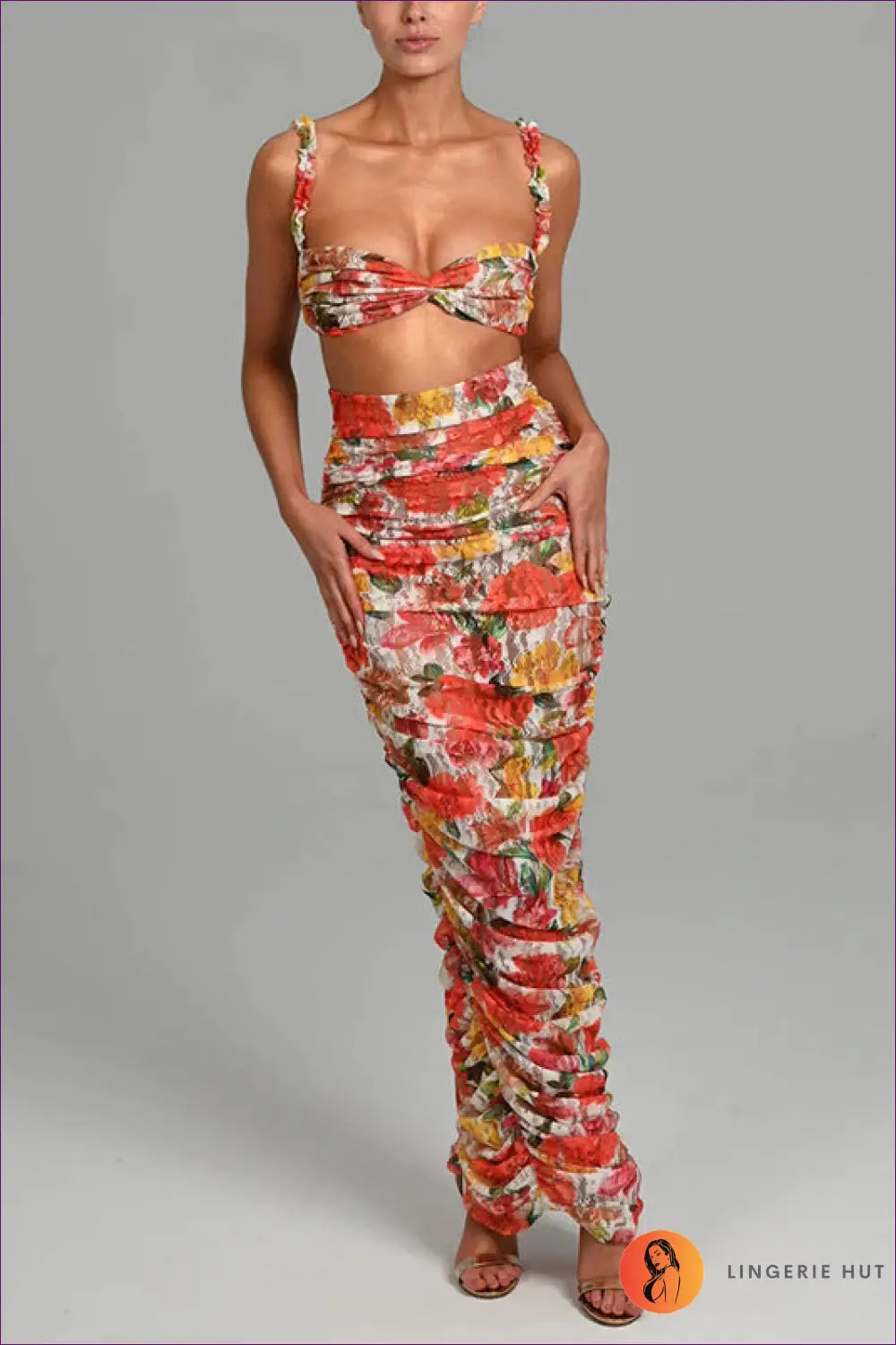 Get Ready To Embrace Summer Elegance With Our Sexy Floral Print Crop Top And Ruched Maxi Skirt Set! Accentuate