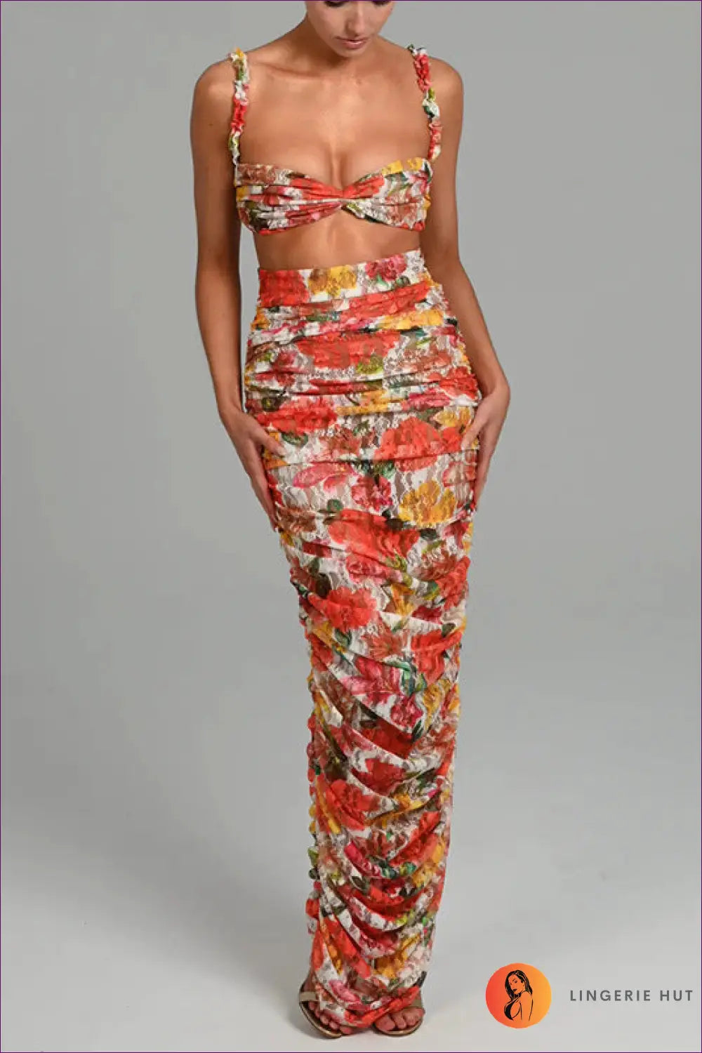 Get Ready To Embrace Summer Elegance With Our Sexy Floral Print Crop Top And Ruched Maxi Skirt Set! Accentuate