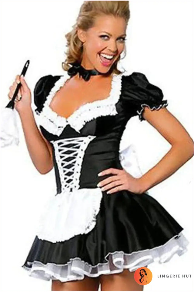 French Maid Costume with Lace & Glossy Apron - Playful Fantasy Nights