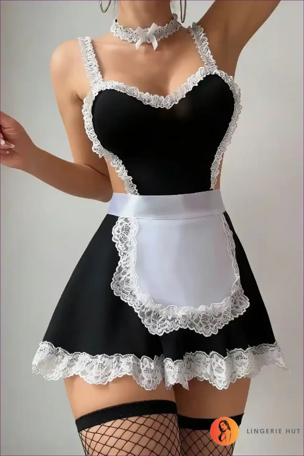 Sexy French Maid Costume with Lace Apron - Playful Fantasy for Boudoir, Choker, Clubwear, Costume, Cutout