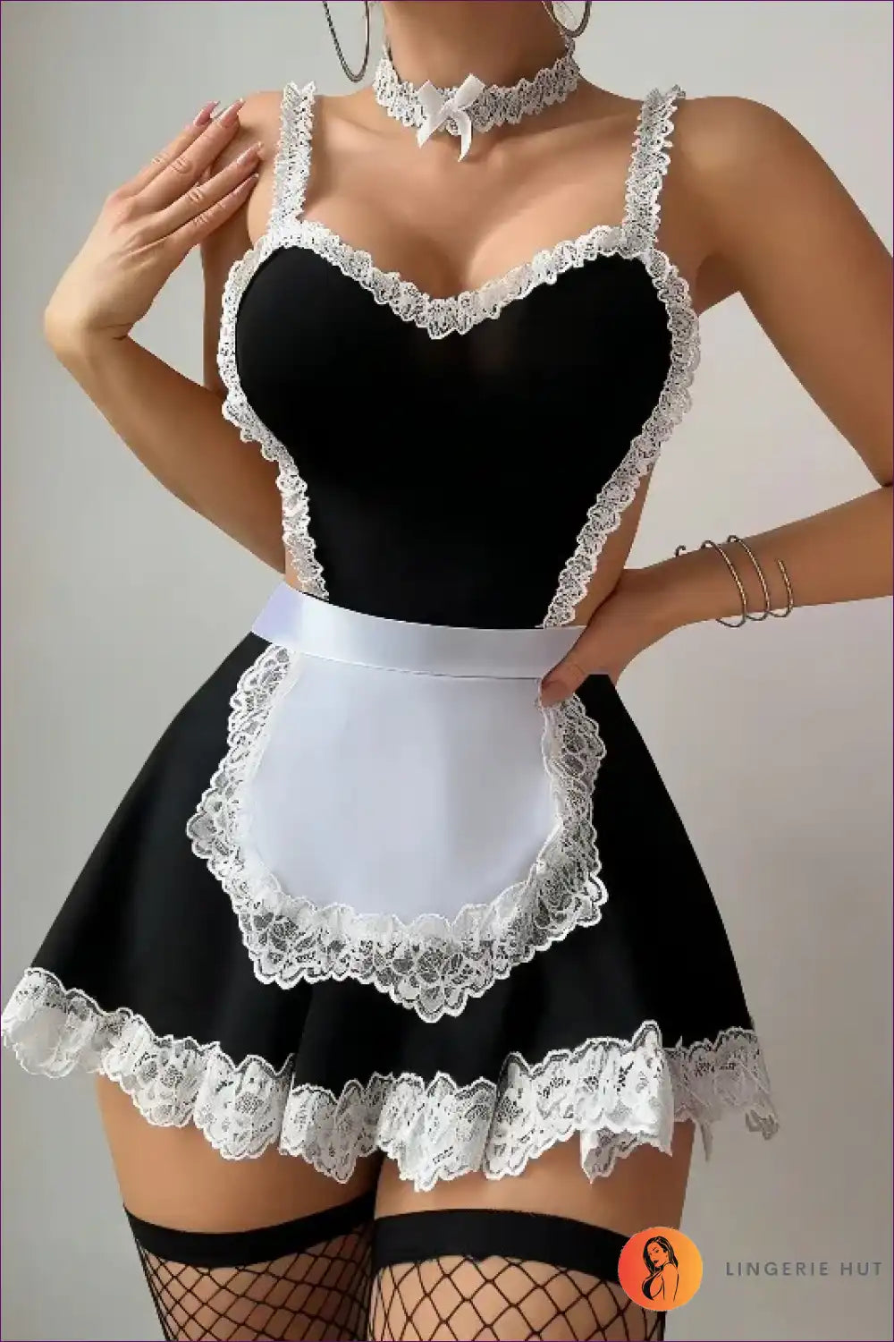 Sexy French Maid Costume with Lace Apron - Playful Fantasy for Boudoir, Choker, Clubwear, Costume, Cutout