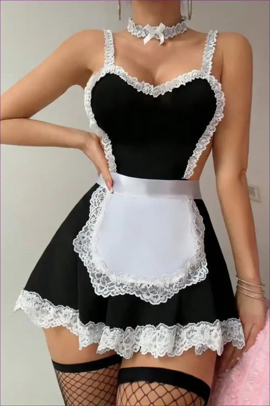 Sexy French Maid Costume with Lace Apron - Playful Fantasy for Boudoir, Choker, Clubwear, Costume, Cutout