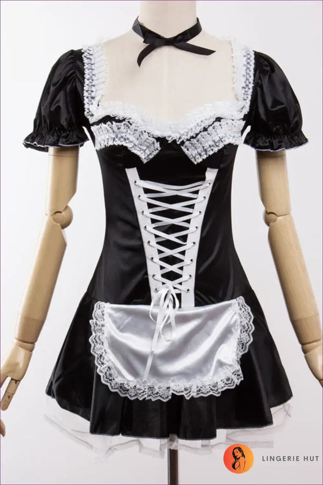 French Maid Costume with Lace & Glossy Apron - Playful Fantasy Nights