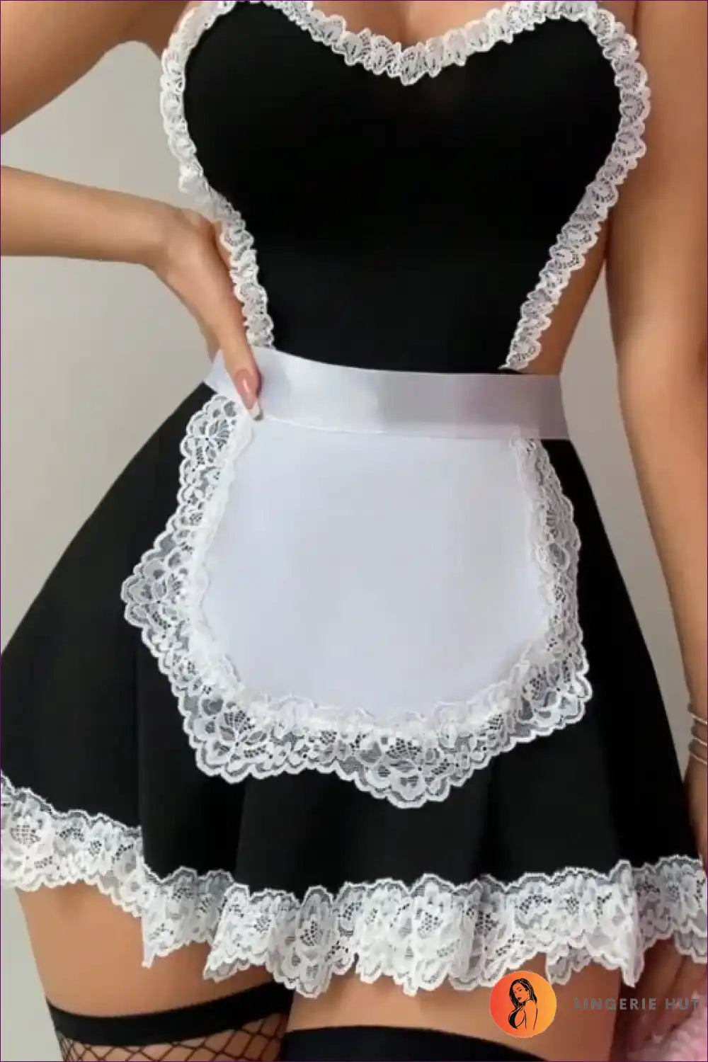 Sexy French Maid Costume with Lace Apron - Playful Fantasy for Boudoir, Choker, Clubwear, Costume, Cutout